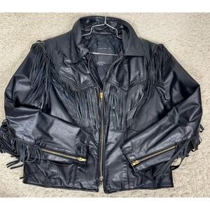 VTG Branded Garments Black Leather Fringed Motorcycle Zip Up Jacket Size L Biker